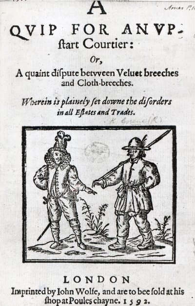 Címlap Robert Greene 1592-ben írt Egy felkapott udvaronc csetepatéjához alkotó: English School