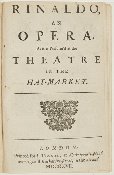 Címlap Händel „Rinaldo” című operájának librettójából, Giacomo Rossi, 1717 alkotó: English School
