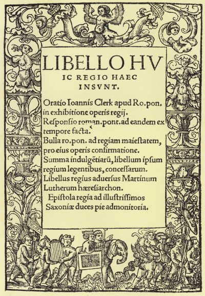 VIII. Henrik A római katolikus hit védelme című könyvének címlapja alkotó: English School