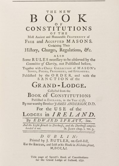 Az írországi nagypáholy Spratts alkotmánykönyvének címlapja, 1751 alkotó: English School