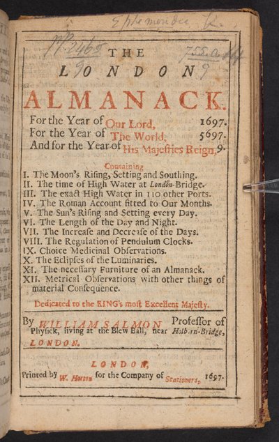 Titelseite des London Almanack, von William Salmon von English School
