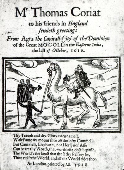 Thomas Coryats posztumusz nyomtatott beszámolója indiai utazásairól, Londonban, 1618-ban (nyomtatott papír és fametszet) alkotó: English School