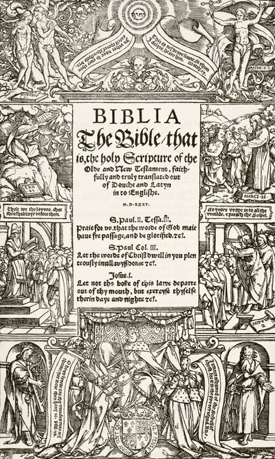 Az 1535-ben nyomtatott Coverdale Biblia címlapja, William Hickman Smith Aubrey (1858-1916) Anglia nemzeti és hazai története című könyvéből, Londonban, 1890 körül. alkotó: English School