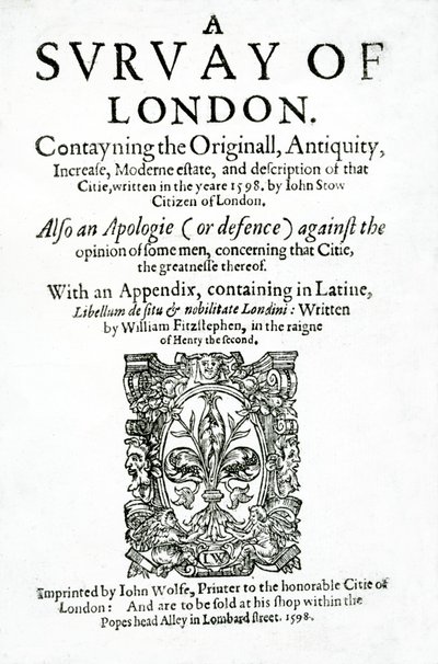 John Stow 1598-ban megjelent londoni felmérésének címlapja (nyomtatott papír) alkotó: English School