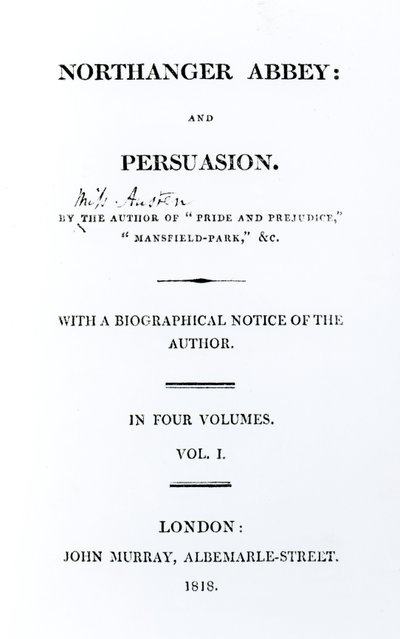 Címlap a Northanger Abbey és Jane Austen Persuasion című könyvéhez, első kiadás, 1818 alkotó: English School
