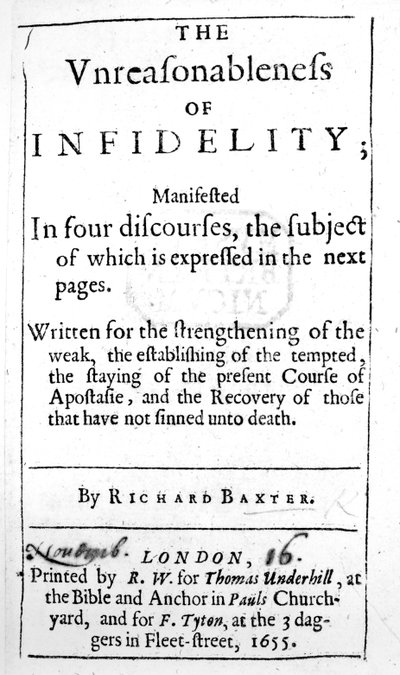 Richard Baxter 1655-ben megjelent A hűtlenség ésszerűtlensége címlapja alkotó: English School