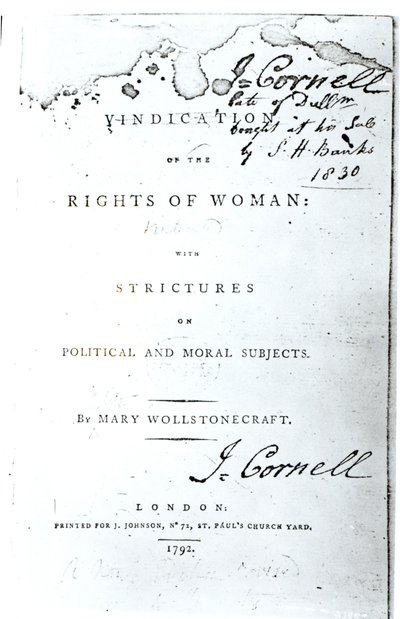 Mary Wollstonecraft női jogainak érvényesítésének címlapja, 1792-ben alkotó: English School