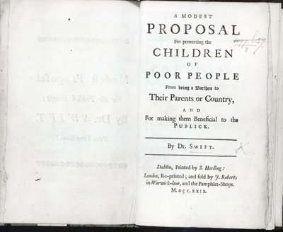 Címlap: Jonathan Swift Szerény javaslata, 1729-ben (nyomtatott) alkotó: English School