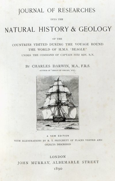 Charles Darwin 1890-ben megjelent The Voyage of the Beagle címlapja alkotó: English School
