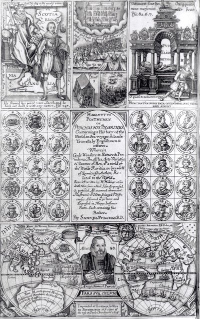 Címlap a Hakluytus Posthumus vagy Purchas His Pilgrimes című, 1625-ben megjelent első kiadásához alkotó: English School