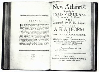 Címlapok Francis Bacon Új Atlantisz című művének 1660-ban megjelent kiadásához (nyomtatott) alkotó: English School