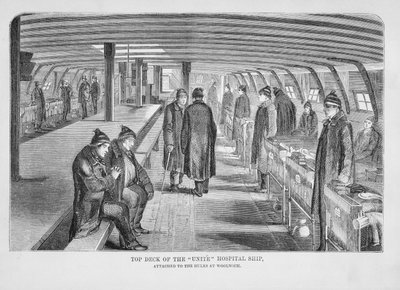 A Woolwich-i Hulkshoz csatolt Unite Kórházhajó felső fedélzete a The Criminal Prisons of London and Scenes of Prison Life című filmből, Henry Mayhew (1812-87) és John Binny, 1862 alkotó: English School
