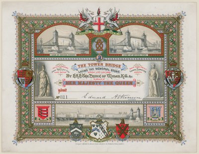 Tower Bridge, London, Meghívó az emlékkő letételére, 1886. június 21. alkotó: English School
