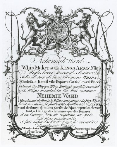Kereskedelmi kártya Nehemiah Ward, Southwark ostorkészítő számára alkotó: English School