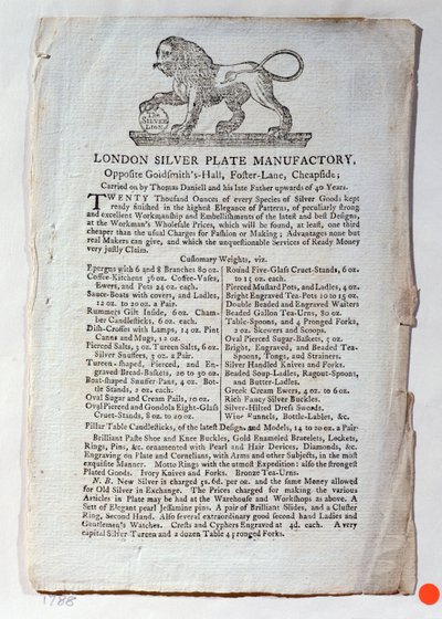 A London Silver Plate Manufaktúra kereskedelmi kártyája, 1788 alkotó: English School
