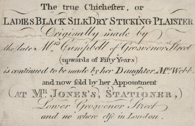 Kereskedelmi kártya, az igazi Chichester vagy Ladies Black Silk Dry Sticking Plaister alkotó: English School
