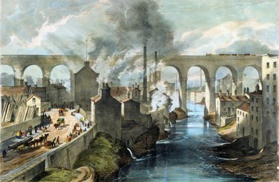 Vonat keresztezi a Stockport Viaduktot a London  North Western Railway-en, 1845 körül (színes litográfia) alkotó: English School