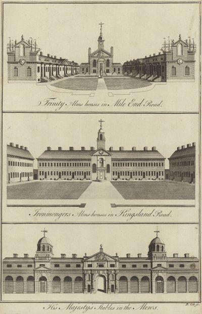 A Trinity Almshouses a Mile End Roadon, az Ironmongers Almshouses a Kingsland Roadon és a His Majestys Stables a Mews-ben, London alkotó: English School