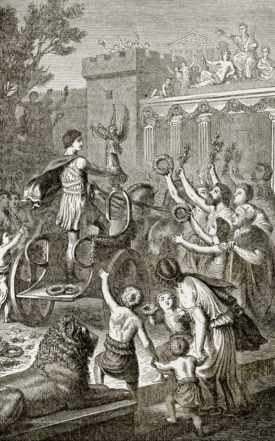 Egy olimpiai győztes diadalmas visszatérése, illusztráció a Ward Lock által kiadott The Illustrated History of the Worldből, 1880 körül alkotó: English School
