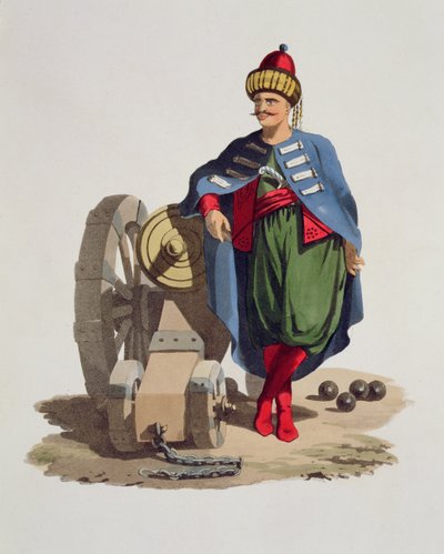 Török katona, a Különféle nemzetek jelmezeiből, VII. kötet, The Military Costume of Turkey, Thomas MacLean, megjelent 1800-1818 körül (kézzel festett akvatinta) alkotó: English School