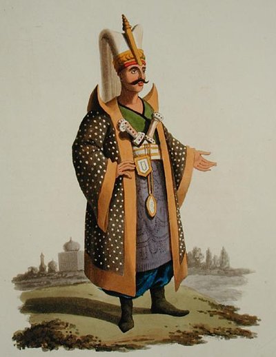 Török harcos, a „Különféle nemzetek jelmezei”, VII. kötet, „Törökország katonai viselete”, Thomas MacLean, kiadása 1800-1818 körül (kézzel festett akvatinta) alkotó: English School