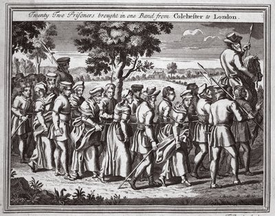Huszonkét foglyot hoztak egy bandában Colchesterből Londonba, illusztráció a Foxes Martyrs c.1703-ból alkotó: English School