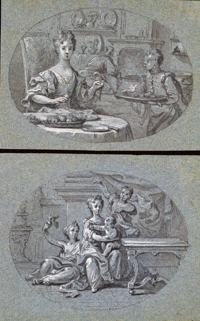 Két hazai jelenet, 1725 körül (fekete-fehér kréta kék papíron) alkotó: English School
