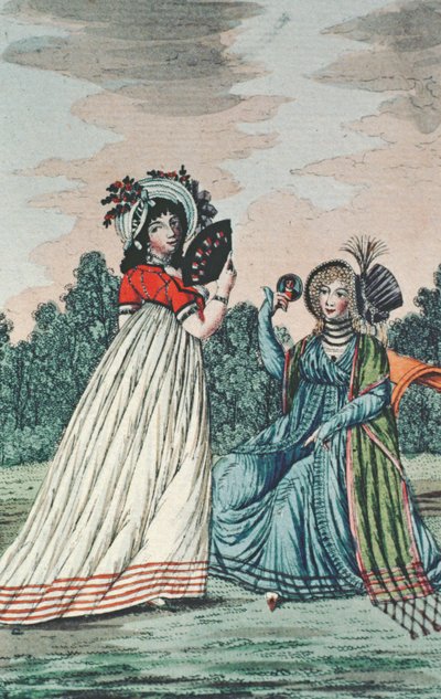Két divatos hölgy a kertben, 1800 körül (színes metszet) alkotó: English School