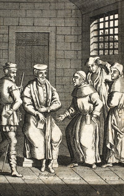 Két spanyol barát beszélget Mr. Bradforddal, illusztráció a Foxes Martyrs c.1703-ból 99: Foxes Book of Martyrs; John Fox; c17.; Rókák; alkotó: English School