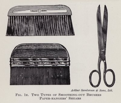 Zwei Arten von Glättbürsten, Tapeziererscheren (Lithografie) von English School