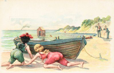 Két fürdőruhás nő egy evezős csónak mögé bújik alkotó: English School