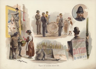 A londoni utcai élet típusai: postás, virágárus, zenészek, koldus, szendvicsárus, rendőr (chromolitho) alkotó: English School