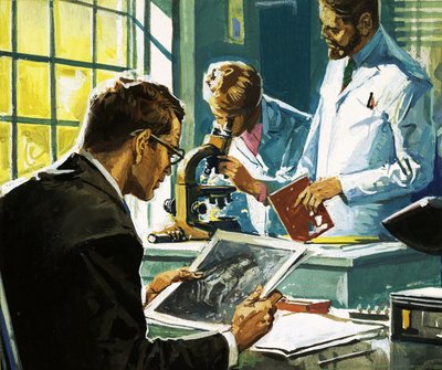 Azonosítatlan tudósok, az egyik fényképeket, a másik mikroszkópot néz alkotó: English School