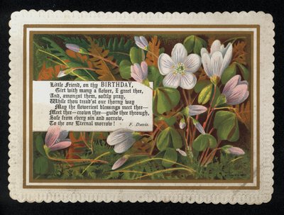 F Davis vers és virágok, születésnapi üdvözlőlap (chromolitho) alkotó: English School