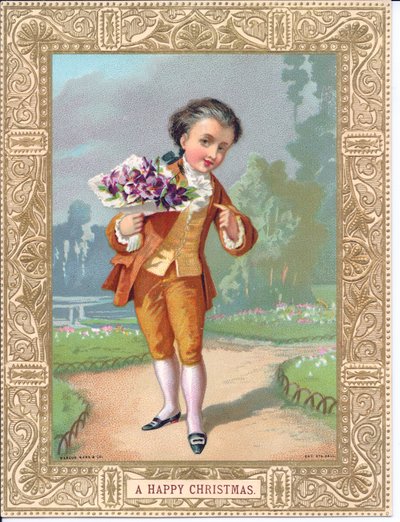 Viktoriánus karácsonyi üdvözlőlap egy viktoriánus ruhába öltözött fiatal fiúról, kezében egy csokor virág, 1880 körül (színes litó) alkotó: English School