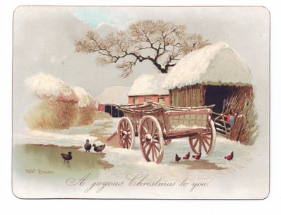 Viktoriánus karácsonyi üdvözlőlap kacsákkal és csirkével egy tanya közelében, 1880 körül (színes litó) alkotó: English School