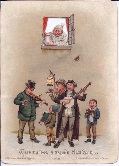 Viktoriánus újévi üdvözlőlap egy hálóinges férfiról, aki egy kancsó vizet akar önteni néhány utcazenészre, 1880 körül (színes litó) alkotó: English School