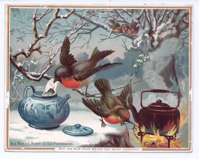 Viktoriánus újévi kártya vörösbegyekkel, akik teát főznek egy havas téli éjszakán, 1880 körül (színes litó) alkotó: English School