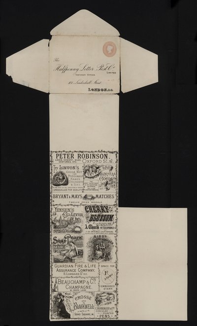 Viktoriánus postai irodaszerek a Halfpenny Letter Post Company-tól, Leadenhall Street, London (litho) alkotó: English School