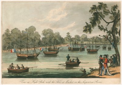 Kilátás a Hyde Parkban a flottával a Serpentine folyón horgonyzónál. Naumachia. 1814-es béke (színes metszet) alkotó: English School