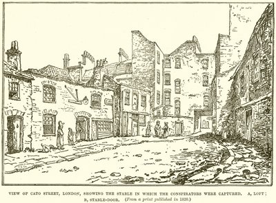 A londoni Cato Street látképe, az istállót mutatja, amelyben az összeesküvőket elfogták alkotó: English School