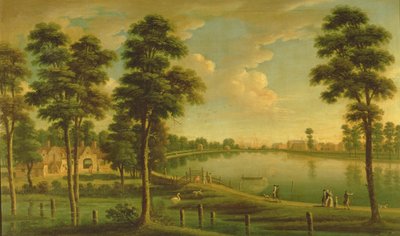 Kilátás a Chelsea-víztározóra és a vízművekre, a Westminster apátsággal a távolban, 1725 körül alkotó: English School