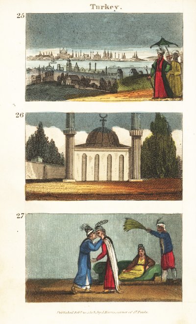 Konstantinápoly (Isztambul) látványa a 19. század elején 25, muszlim mecset kupolával és minaretekkel 26, valamint egymás szemén csókolózó fiatal görög nők 27 alkotó: English School