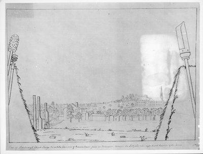 Kilátás a Roxborough-templomra, a Kings Armsra és a Browns House kéményeire, a Sally kikötő és a vonalak jobb oldali bástyája közötti nyílásból, 1776 alkotó: English School