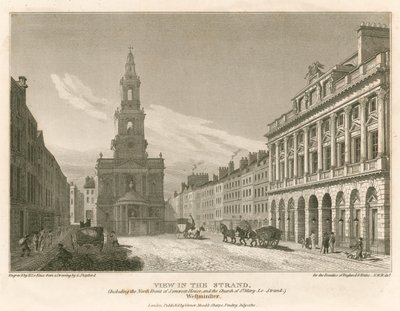 Kilátás a The Strandre, beleértve a Somerset House északi frontját és a St Mary-Le-Strand templomot, Westminster, London alkotó: English School