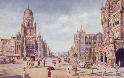 A Victoria Terminus és a városi épület látképe, Bombay (színes lithó) alkotó: English School
