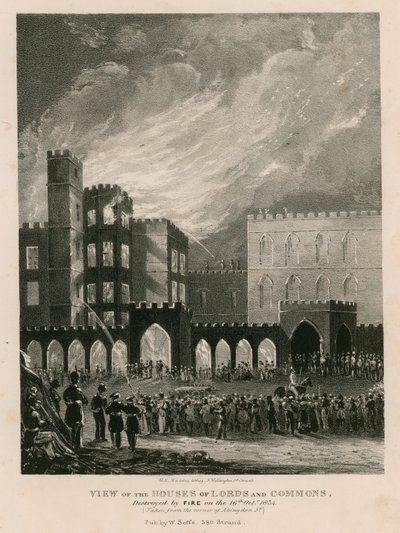 Kilátás az 1834. október 16-án tűzvészben elpusztított Lordok és Alsók Házára alkotó: English School