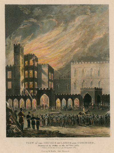 Kilátás az 1834. október 16-án tűzvészben elpusztított Lordok és Alsók Házára alkotó: English School