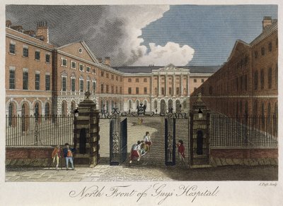 Kilátás a Guys Kórház északi frontjáról, Southwarkban, egy férfit ábrázol, akit kifeszítenek a bejárati kapukon, 1800 körül alkotó: English School