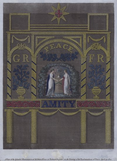 Kilátás a csodálatos megvilágításra M Otto házában a londoni Portman Square-en, a békekikiáltás estéjén, 1802. április 29-én (színes metszet) alkotó: English School